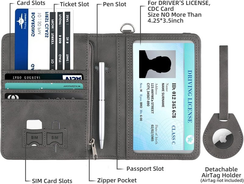 WALNEW AirTag Passport Holder, PU Leather Airtag Wallet RFID Blocking Passport Cover Travel Essentials Case for Women Men (Gray) - Image 2